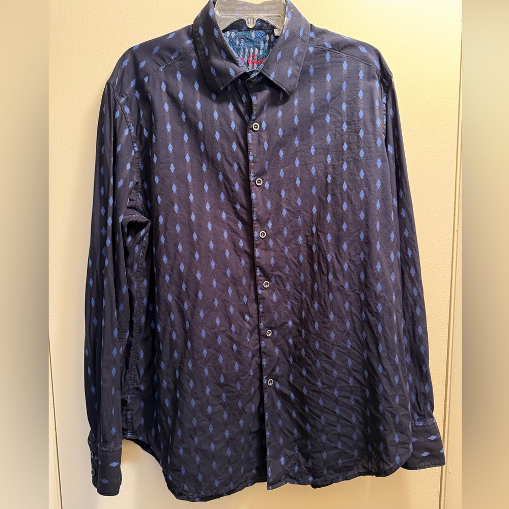 Robert Graham Men’s Button Down Shirt, Blue Diamond Pattern | Large, Classic Fit